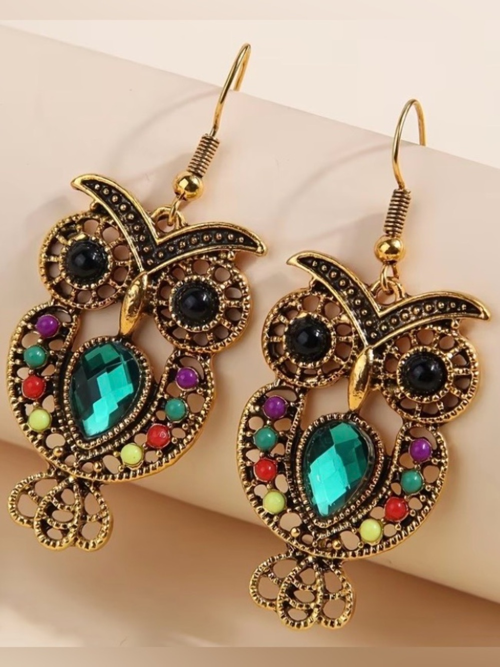 NEW! Gold-Tone Owl Drop Earrings with Emerald Green Gemstones. A0-4